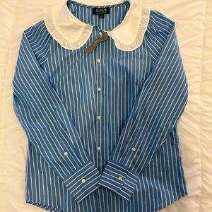 J. Crew Blue and White Striped Shirt with Ruffled Collar